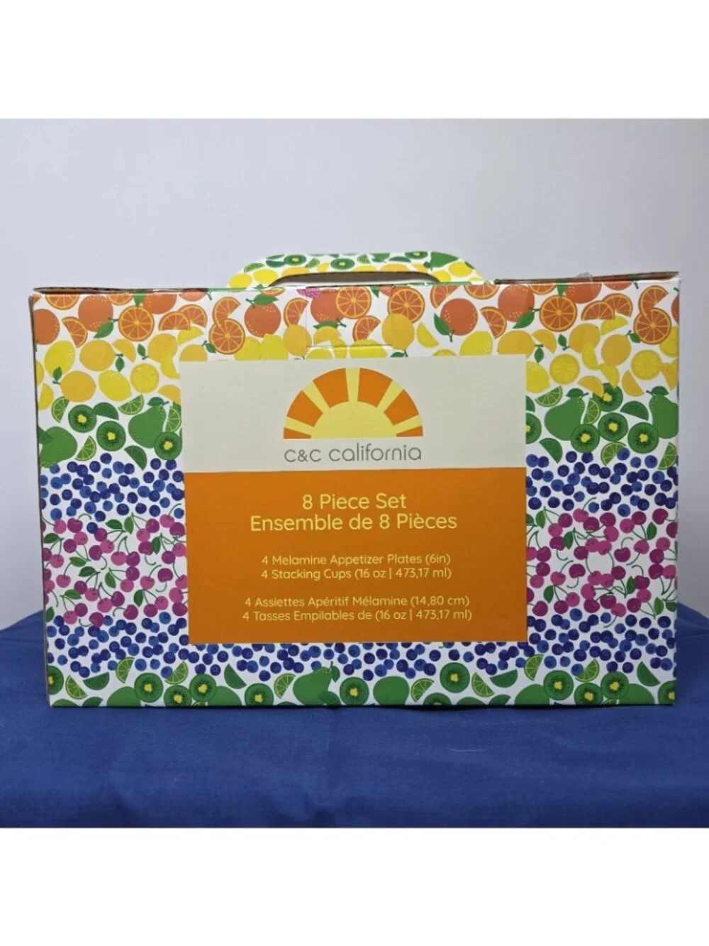 NWT C&C California Home 8 Pc Fruit Melamine Plate & Cup Set Rainbow Unopened